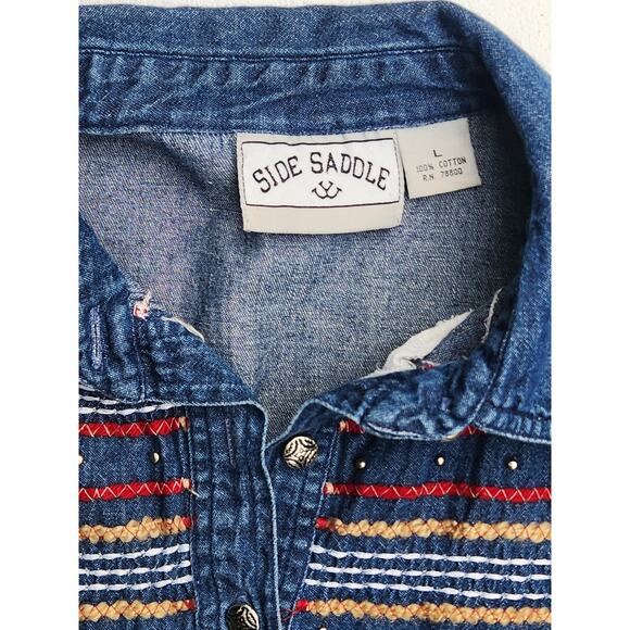 Side Saddle Cropped Button Down Womens L Western Cowgirl Thin Fabric Studded VTG - Picture 6 of 7